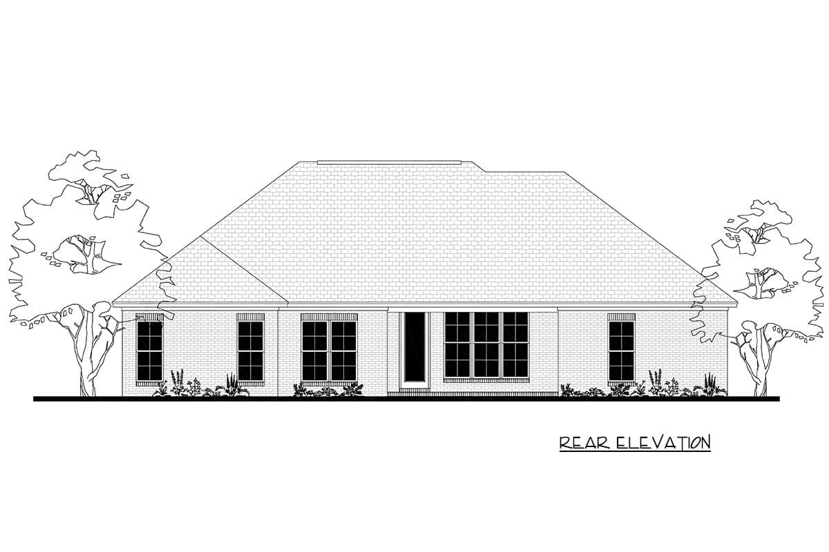 Rear elevation drawing of a single-story house plan with a hipped roof, brick exterior, and multiple large windows.