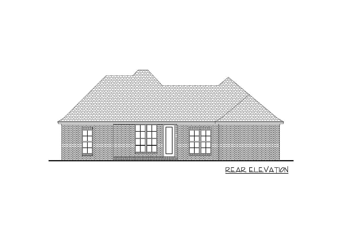 Rear elevation drawing of a one-story brick house with a multi-gabled roofline and three large windows.