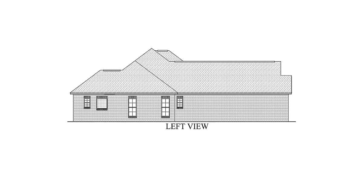 Left view house plan exterior with brick facade, multiple gables, and diverse window styles.