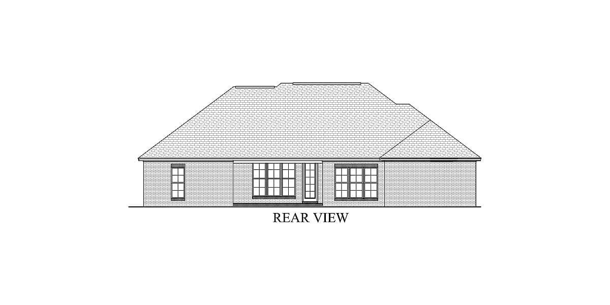 Rear elevation house plan with brick exterior, hipped roof, and multiple multi-pane windows.