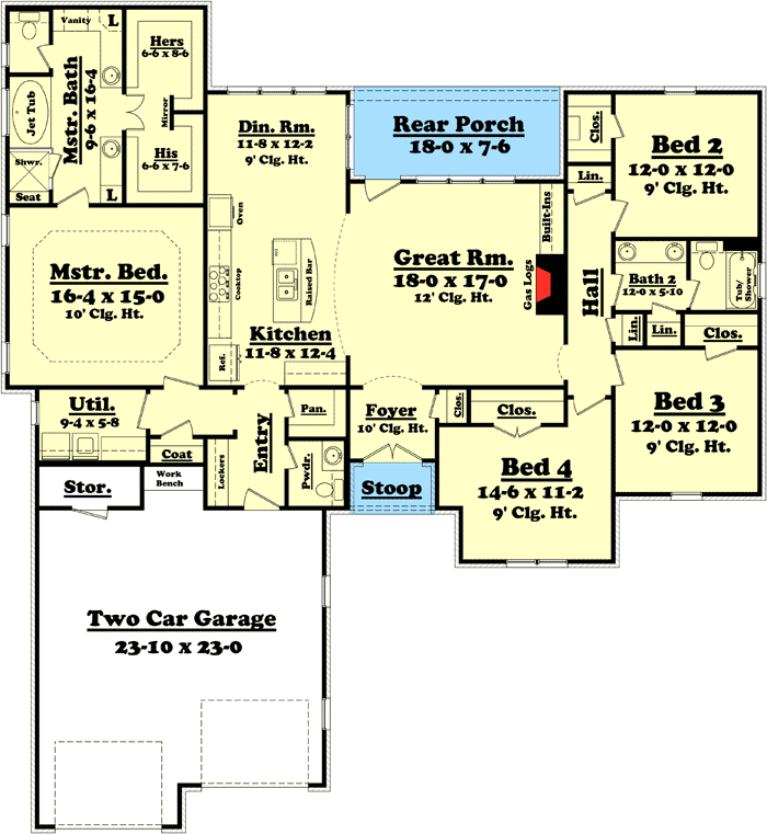 Plan 11774HZ: 4 Bedroom Split Bedroom House Plan with 2-Car Garage - 2175 Sq Ft - Floor Plan - Main Level - European, French Country