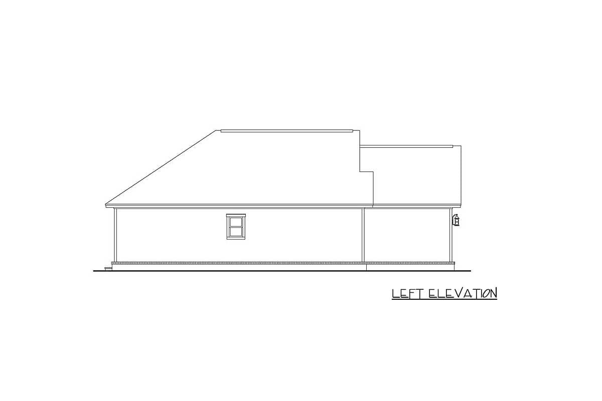 Left elevation drawing of a one-story house plan with a hip roof, a single window, and a visible foundation.