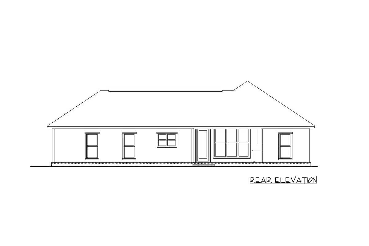 Rear elevation drawing of a single-story house plan with a hip roof, multiple windows, and a central door.