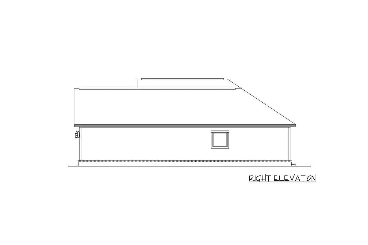 Architectural house plan, right elevation drawing showing a roofline with two levels and one visible window.