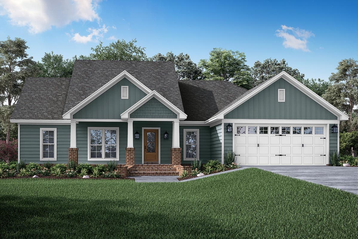 House plan exterior: Ranch style with covered front porch, brick supports, gable dormers, and two-car garage.
