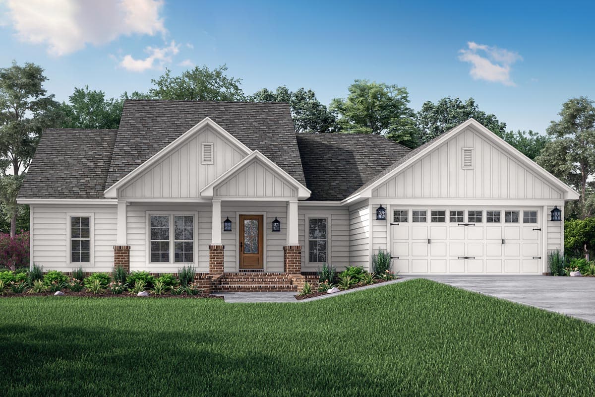 House plan exterior with Craftsman style, one story, front porch with brick columns, gables, and attached garage with multiple windows.