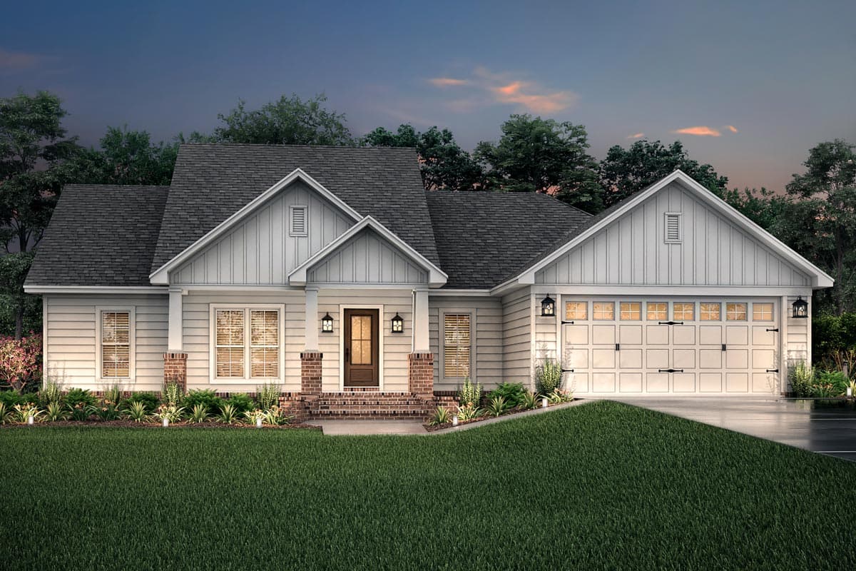 House plan exterior: Modern Farmhouse style, one story, with covered porch, board and batten siding, and a three-car garage.