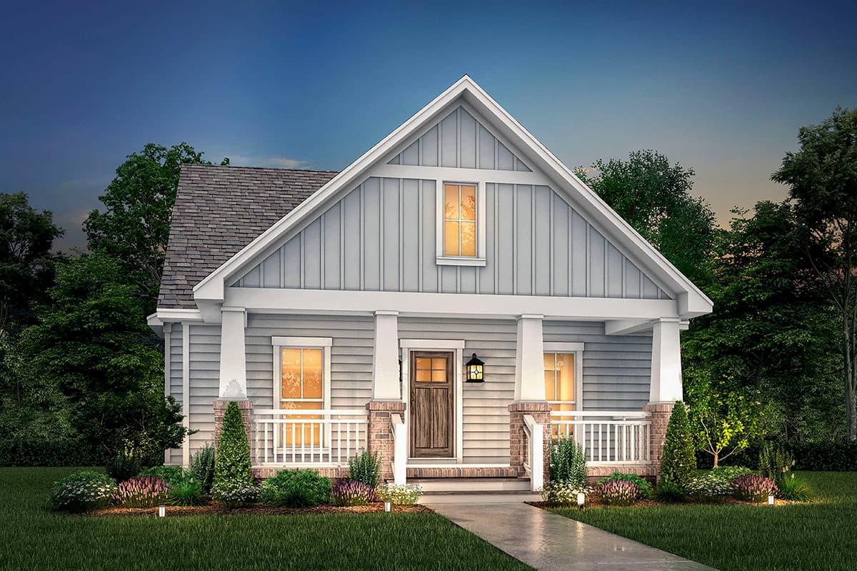 House plan exterior: Modern Farmhouse style, one story, with covered front porch, gable accents, and double hung windows.