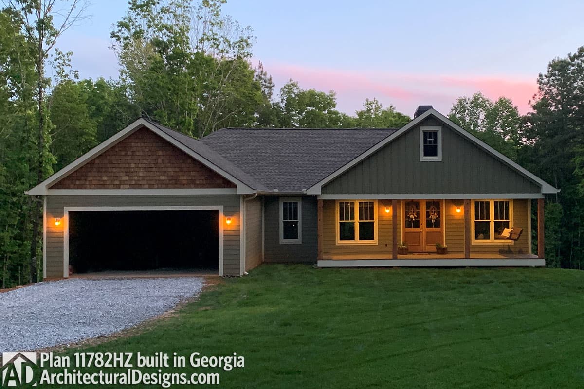 House plan exterior: Single-story Modern Farmhouse with attached garage, gable roof, cedar shake accents, and covered front porch.