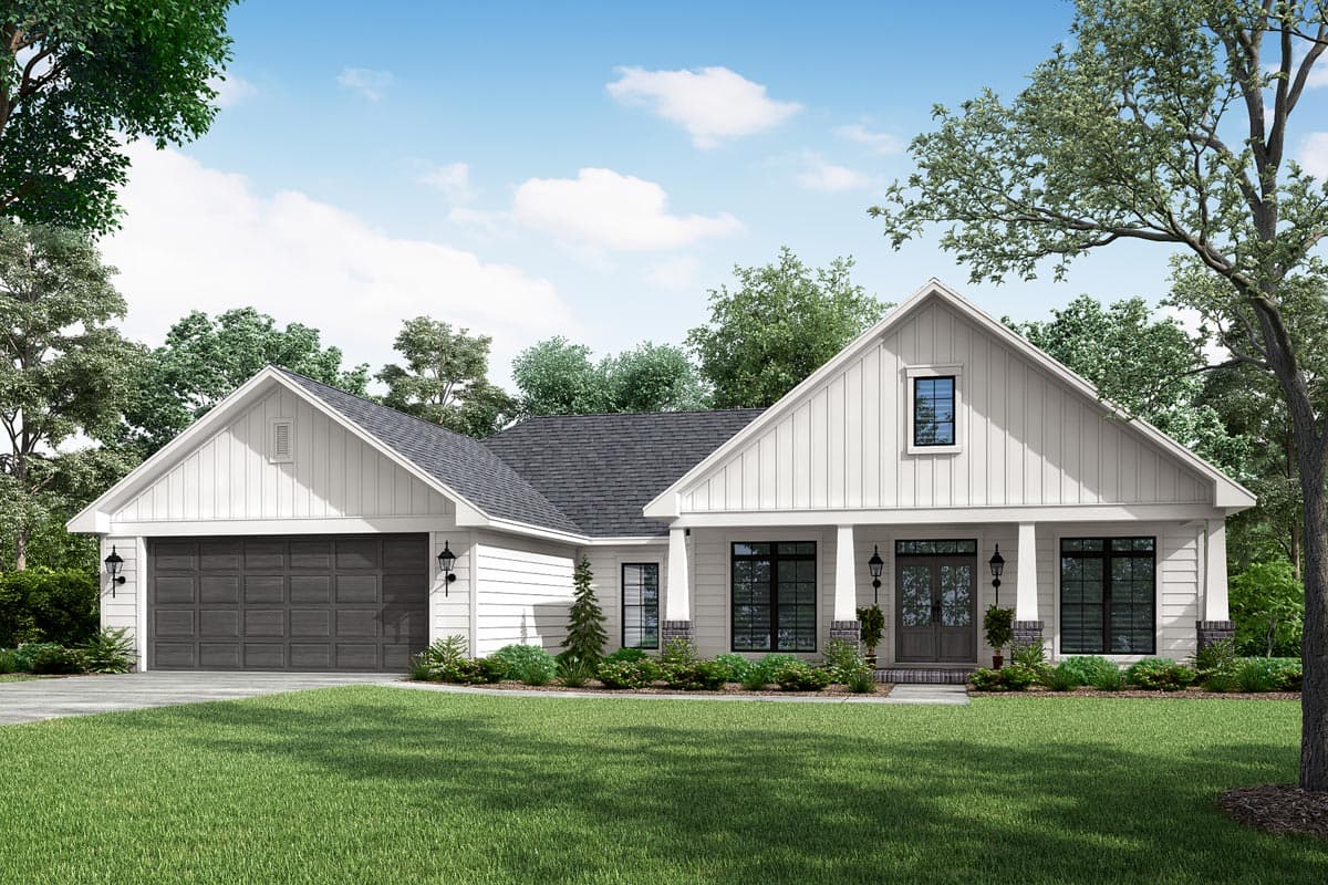 House plan exterior. Modern Farmhouse with a two-car garage, front porch with columns, and gable roof. Features a single dormer.