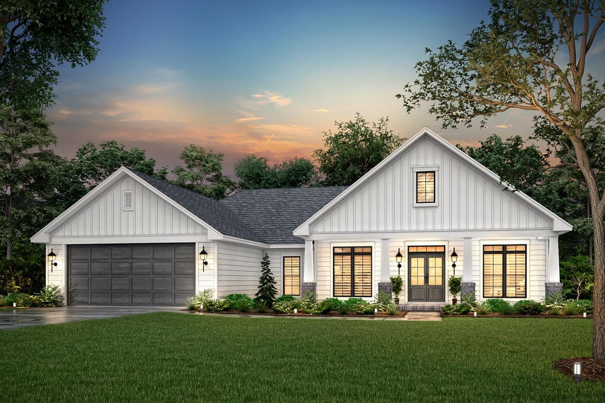 Modern Farmhouse house plan exterior with a two-car garage, gabled rooflines, front porch, and board-and-batten siding.