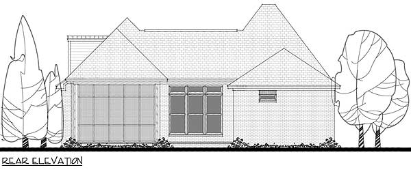 Rear elevation drawing of a house plan showing a multi-level roofline, large window wall, and brick exterior.