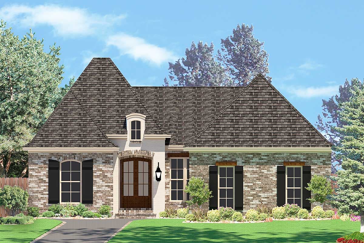 House plan exterior: One-story brick home with steeply pitched rooflines, arched entry doors, prominent gable, and multipane windows with shutters.