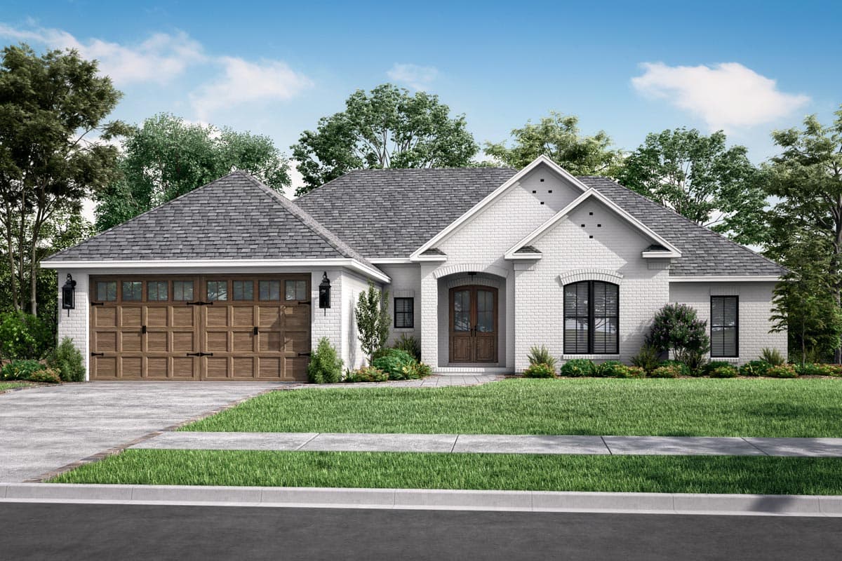 House plan exterior. Single-story home with a gabled roof, brick facade, and attached garage. Features an arched entry and dormer.