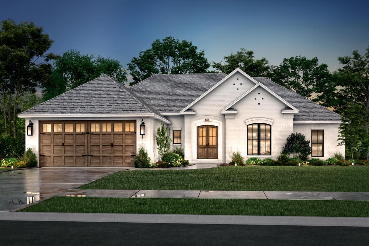 House plan exterior: one-story Modern Farmhouse with a side-entry garage, arched entry, and brick facade.