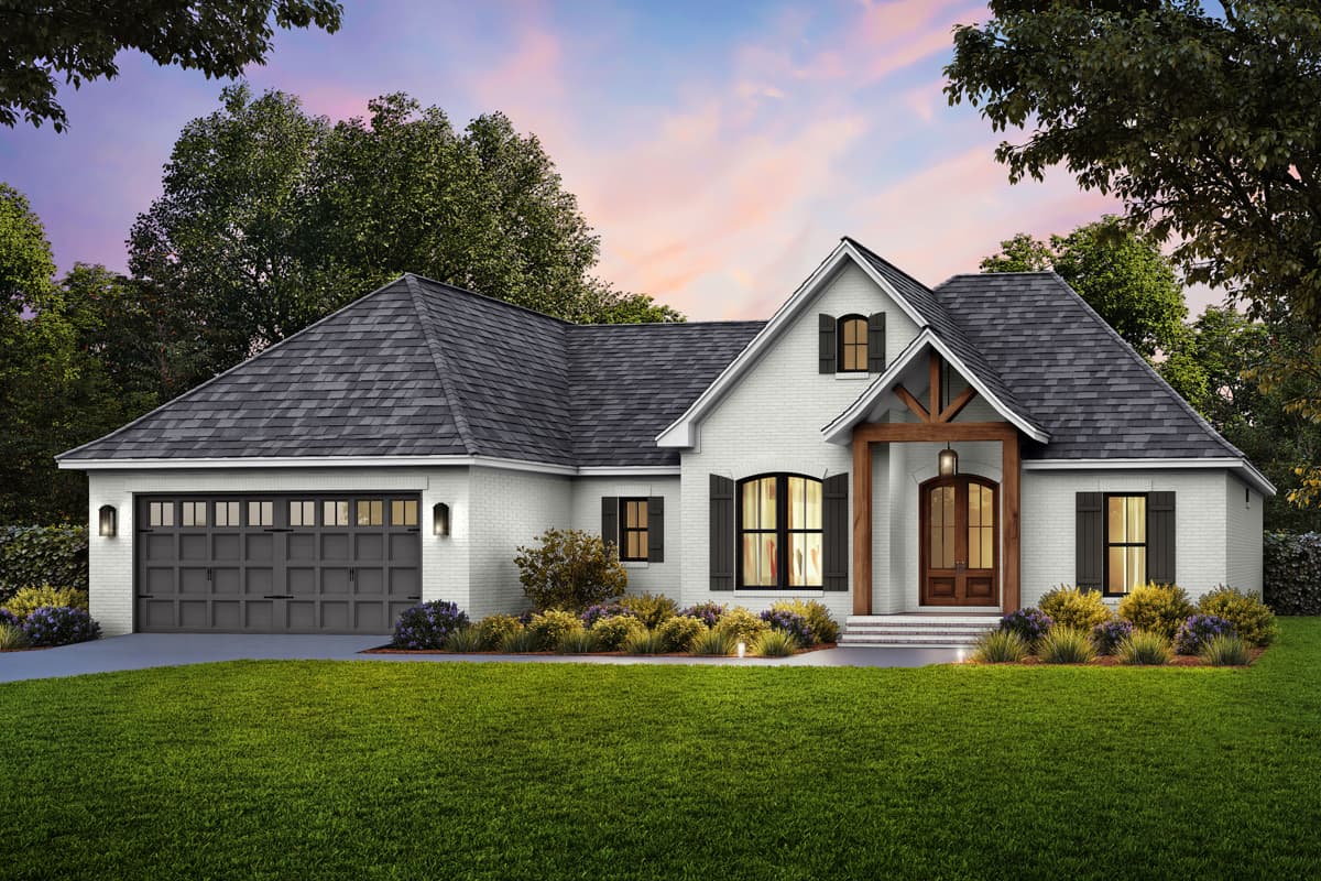 House plan exterior: One-story Modern Farmhouse with brick facade, prominent gable, wood-framed entrance porch, and attached garage.