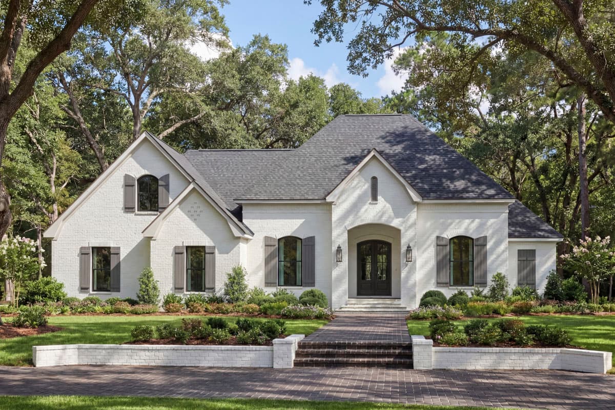 A white brick house with a dark gray roof sits amidst lush greenery. The home has multiple windows with gray shutters and a brick walkway.