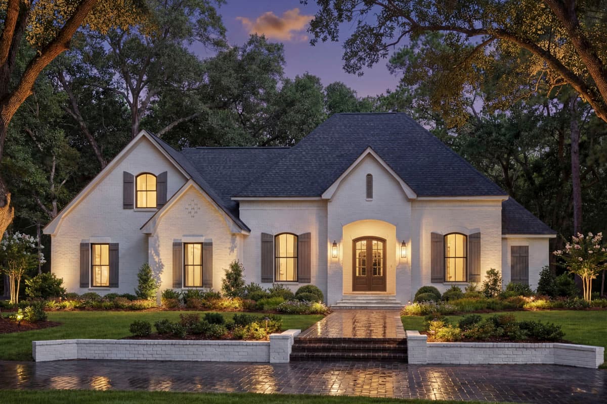 House plan exterior of a one-story Modern Farmhouse with white brick, arched entryway, and multiple gables.