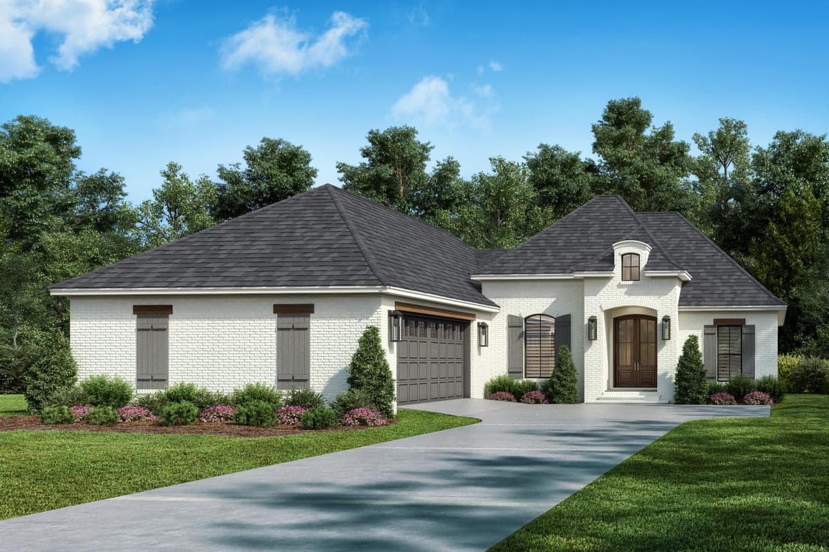 House plan exterior: one-story Modern Farmhouse with white brick, arched entry, dormer, and side-facing garage.