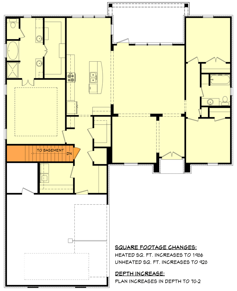 Plan 11790HZ: 3-Bed French Country House Plan Under 2000 Square Feet - Floor Plan - Basement Stairs Location - Acadian, Country, European, French Country, Louisiana-Style, Ranch, Southern