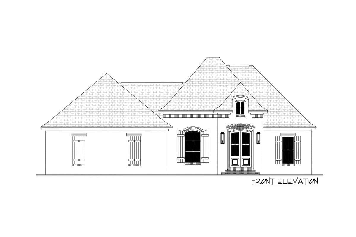 Front elevation drawing of a one-story house plan with hip roof, dormer, arched windows, and shutters.