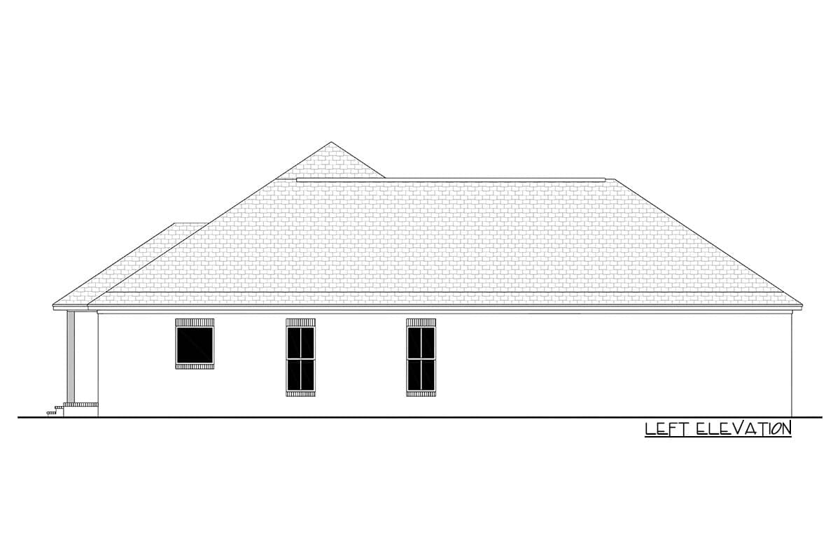 Left elevation of a house plan showing a single story with a hip roof, gabled dormer, and three windows.