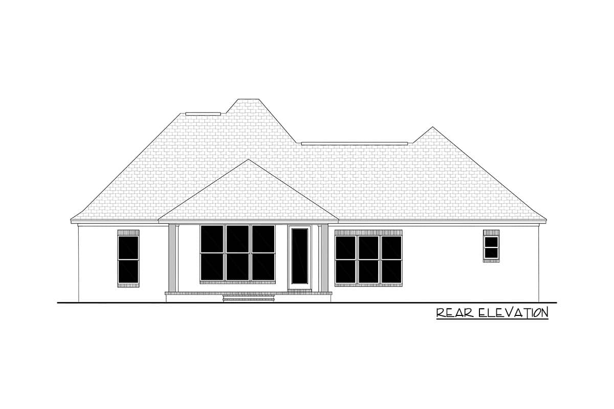 Rear elevation drawing of a house plan featuring a prominent roofline, covered entryway, and multiple windows.