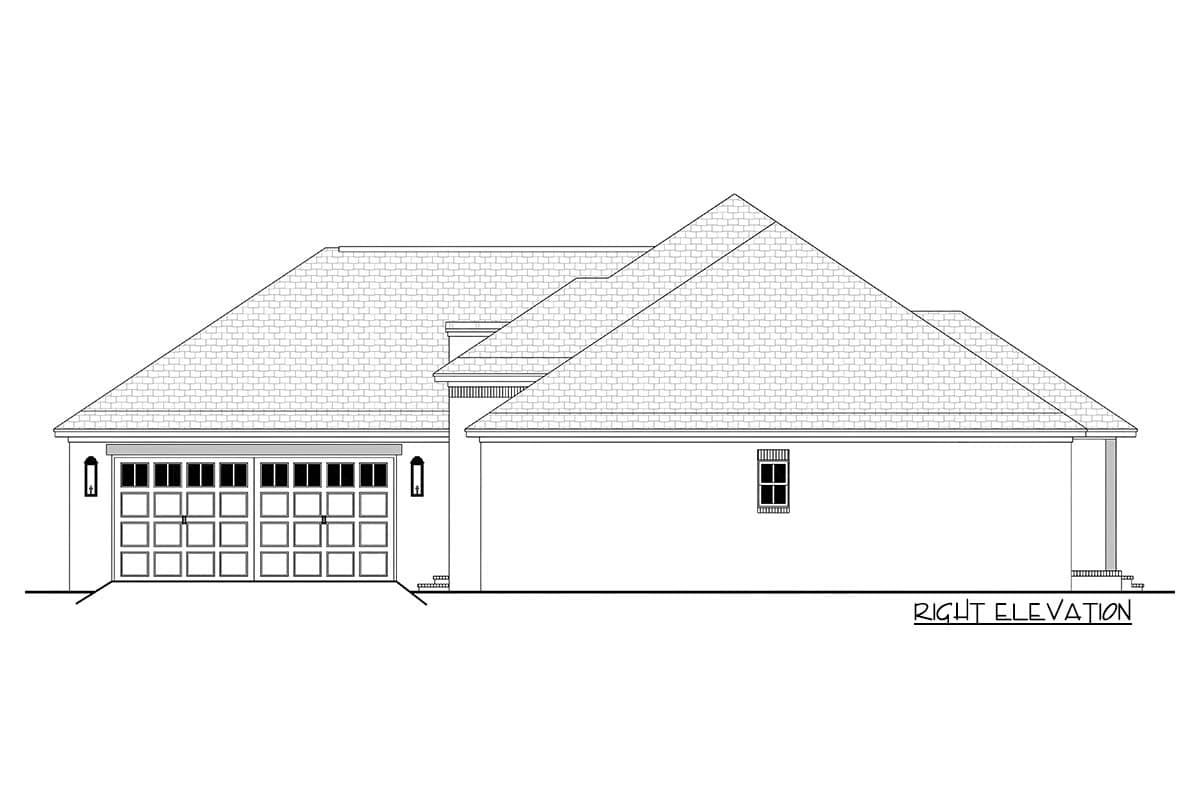 Right elevation of a house plan showing a side-facing view with a two-car garage, pitched roof, and one window.