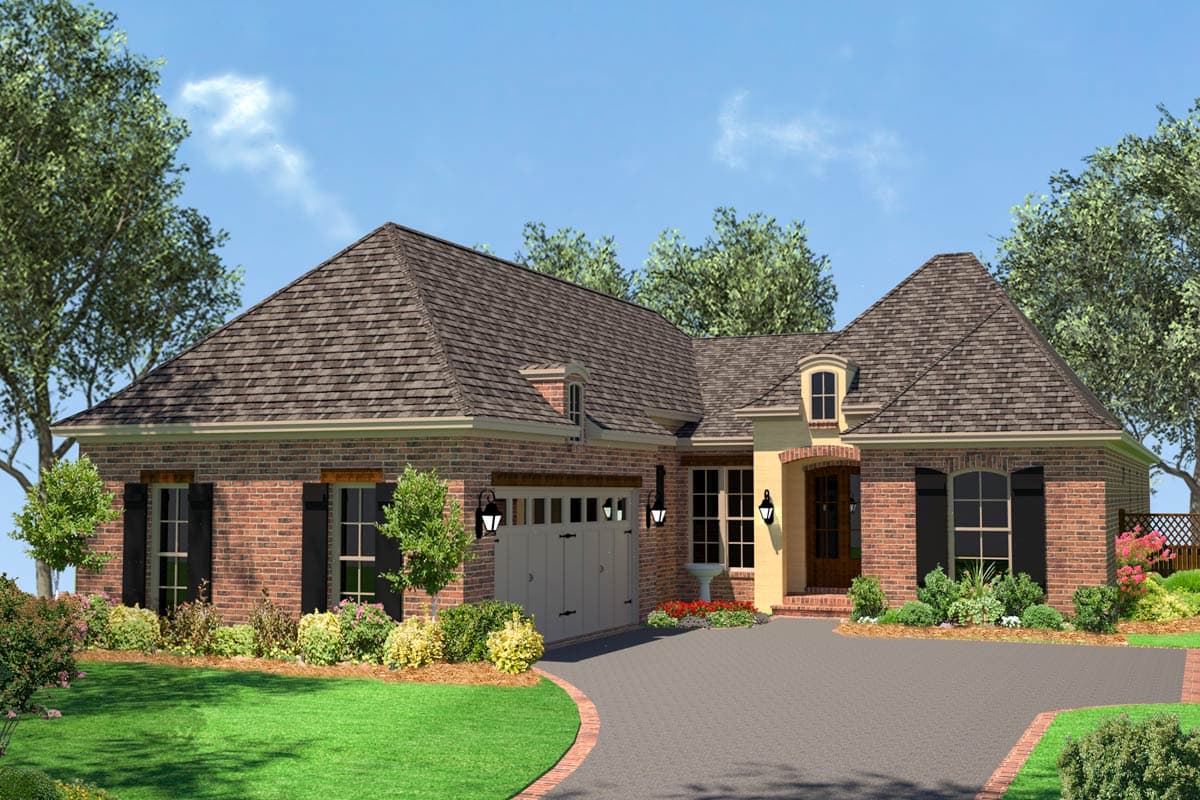 House plan exterior: Brick ranch with attached garage, dormer windows, and arched entry.
