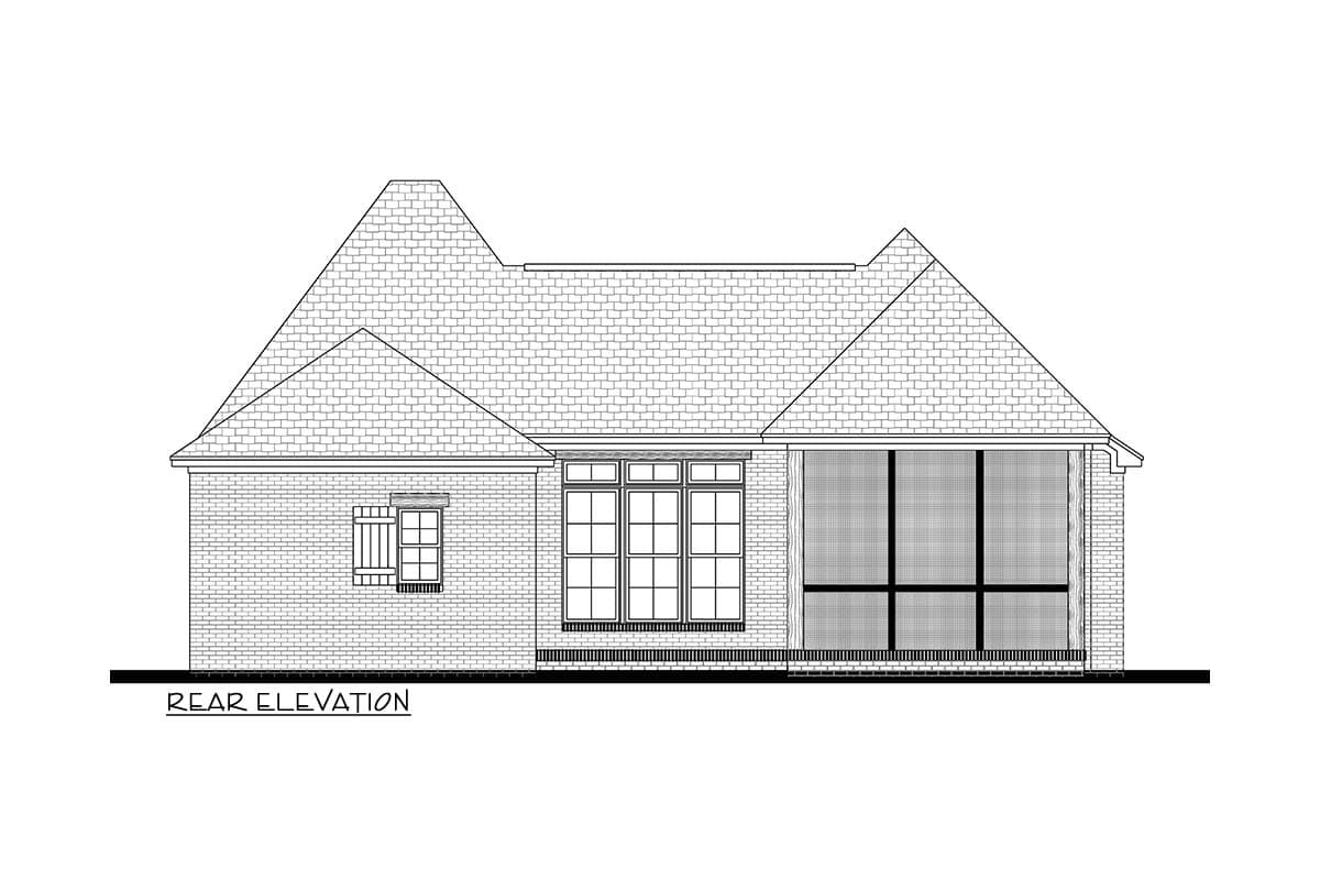 Rear elevation of a house plan showing brickwork, a multi-pane window, a set of large windows, and a screened porch.
