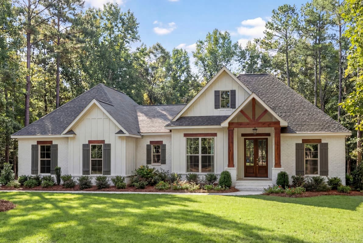 Modern Farmhouse house plan exterior with white brick and board-and-batten siding, gable roofs, dormers, and a covered entry.