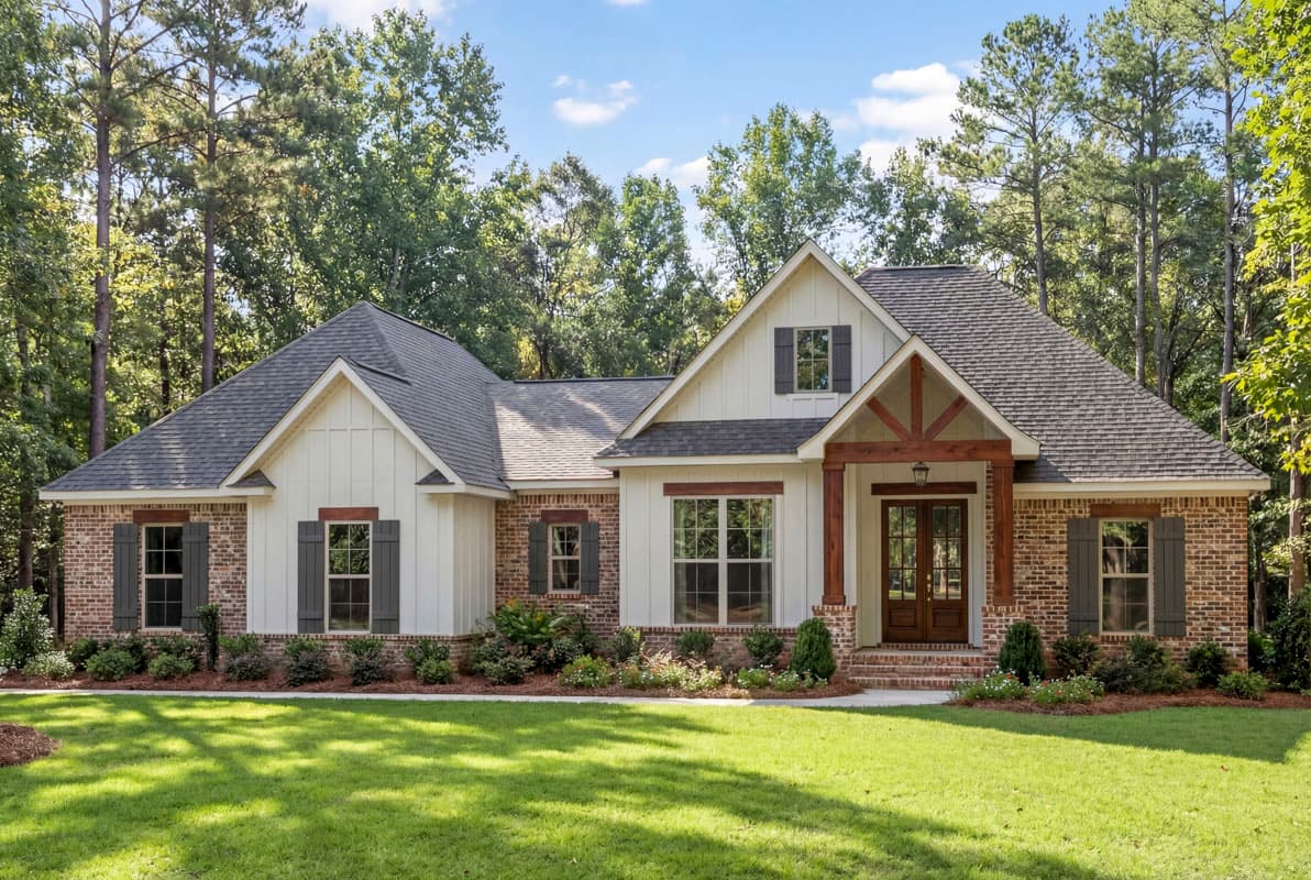Modern Farmhouse house plan exterior with brick and board-and-batten siding, prominent gables, and a covered entry with wood beams.