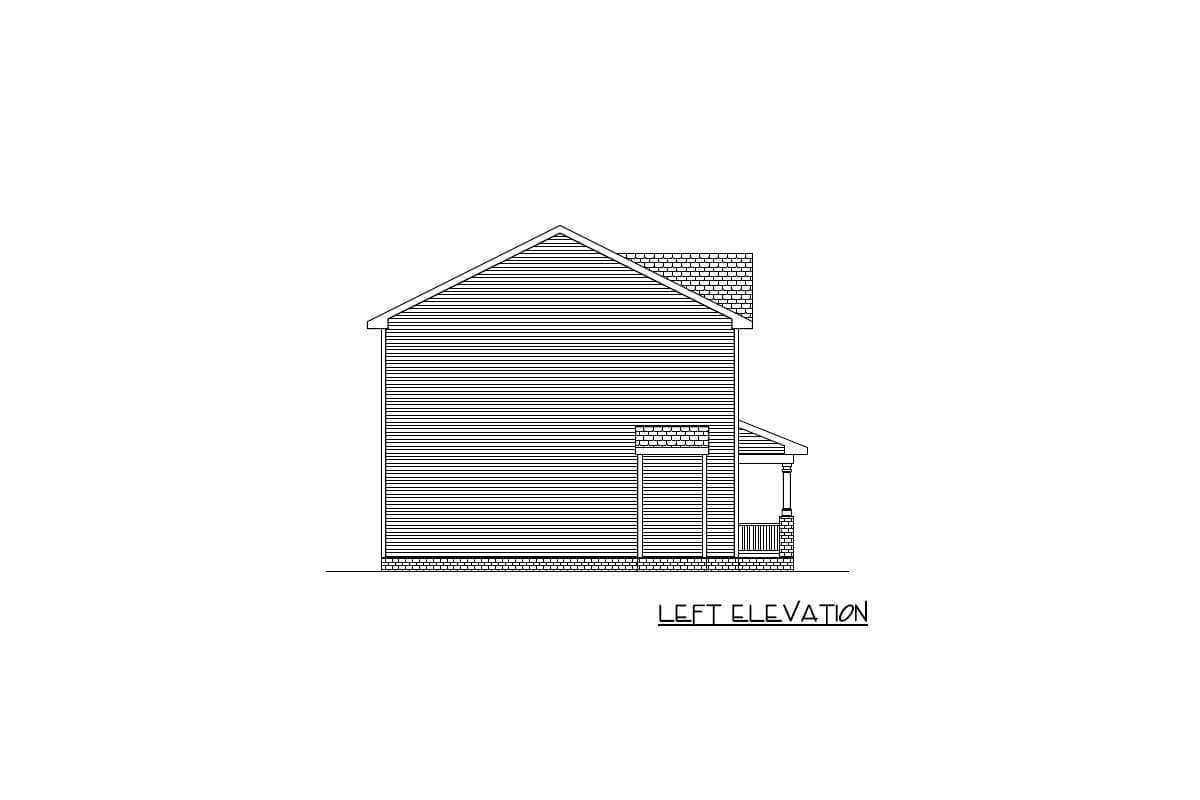 Left elevation drawing of a two-story house with a gable roof, vinyl siding, and a covered front porch with brick pillars.