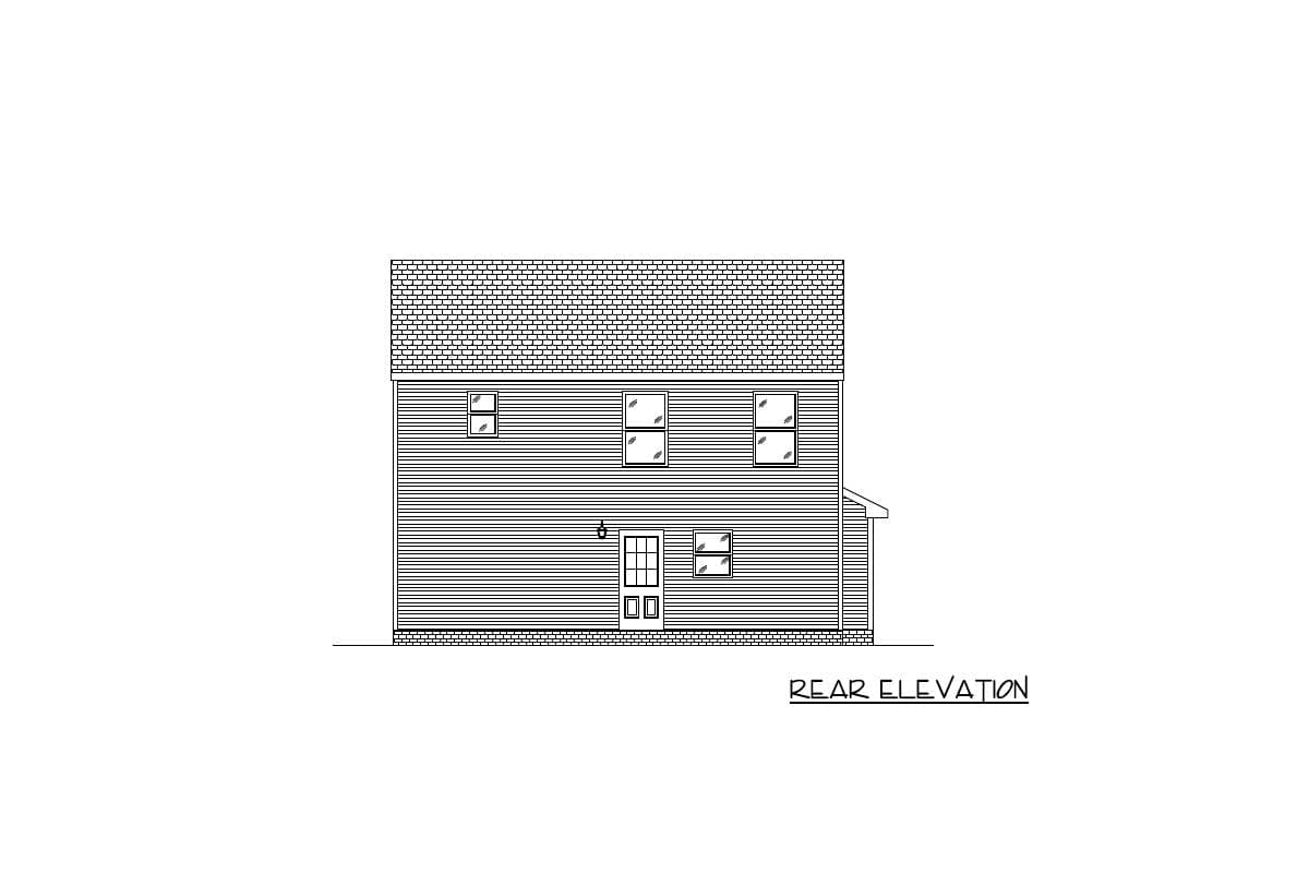 Rear elevation drawing of a two-story house plan with horizontal siding, a central door, and multiple windows.