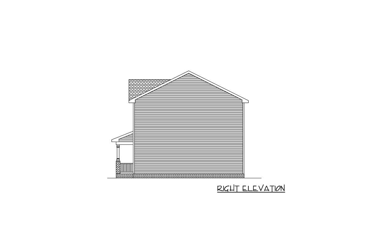 Right elevation drawing of a two-story house with a gabled roof, siding, and a covered porch.