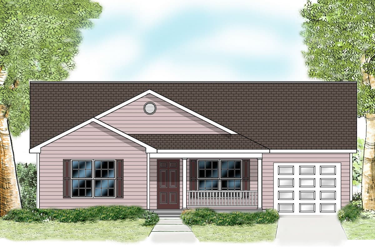 Ranch house plan exterior with a front porch, gabled roof, circular attic vent, and attached two-car garage.