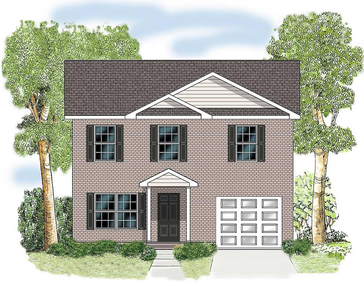 House plan exterior: Two-story brick home with a covered entry, gable dormer, and attached single-car garage with paneled door.