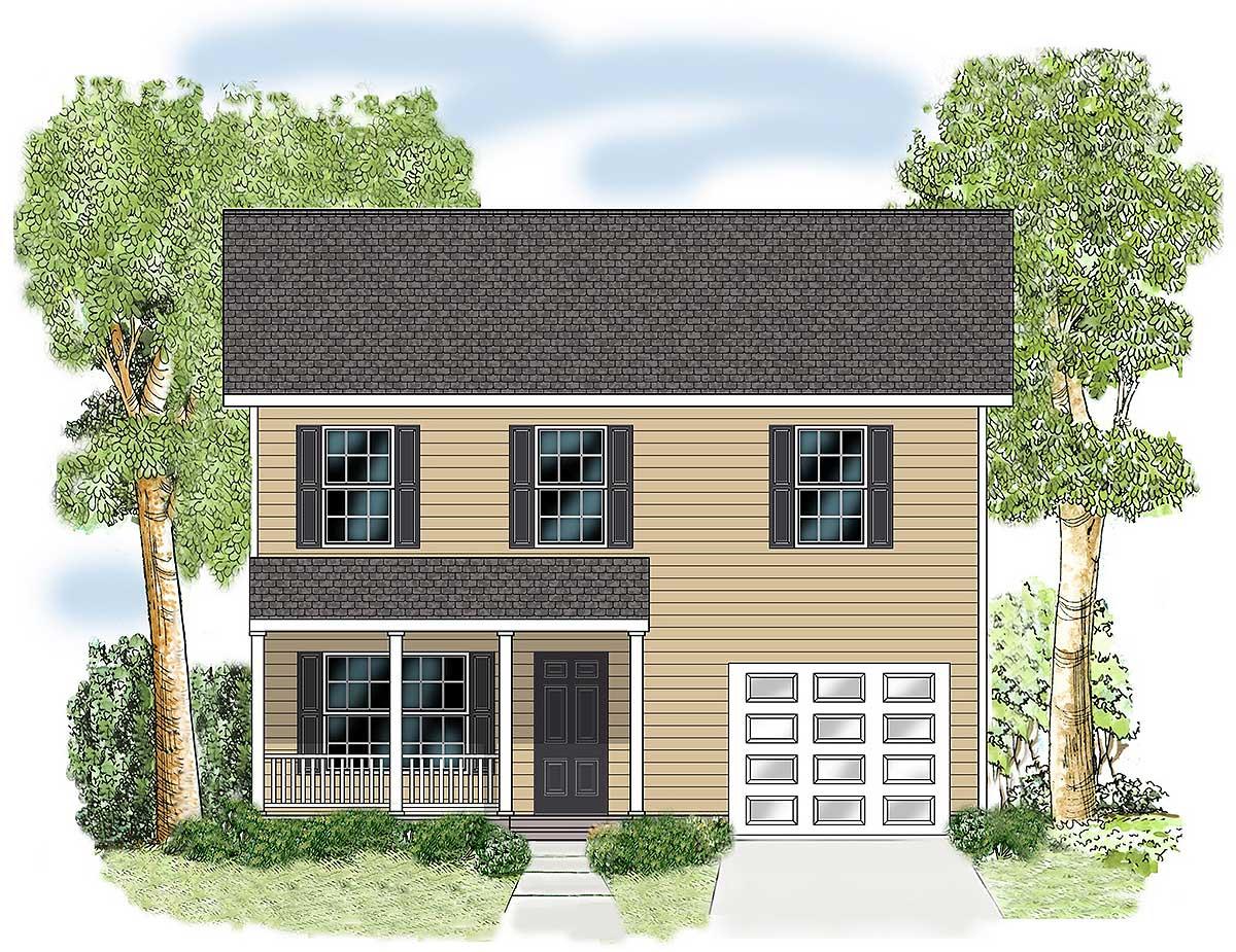 Two-story house plan exterior with a front porch, six windows, and an attached two-car garage.