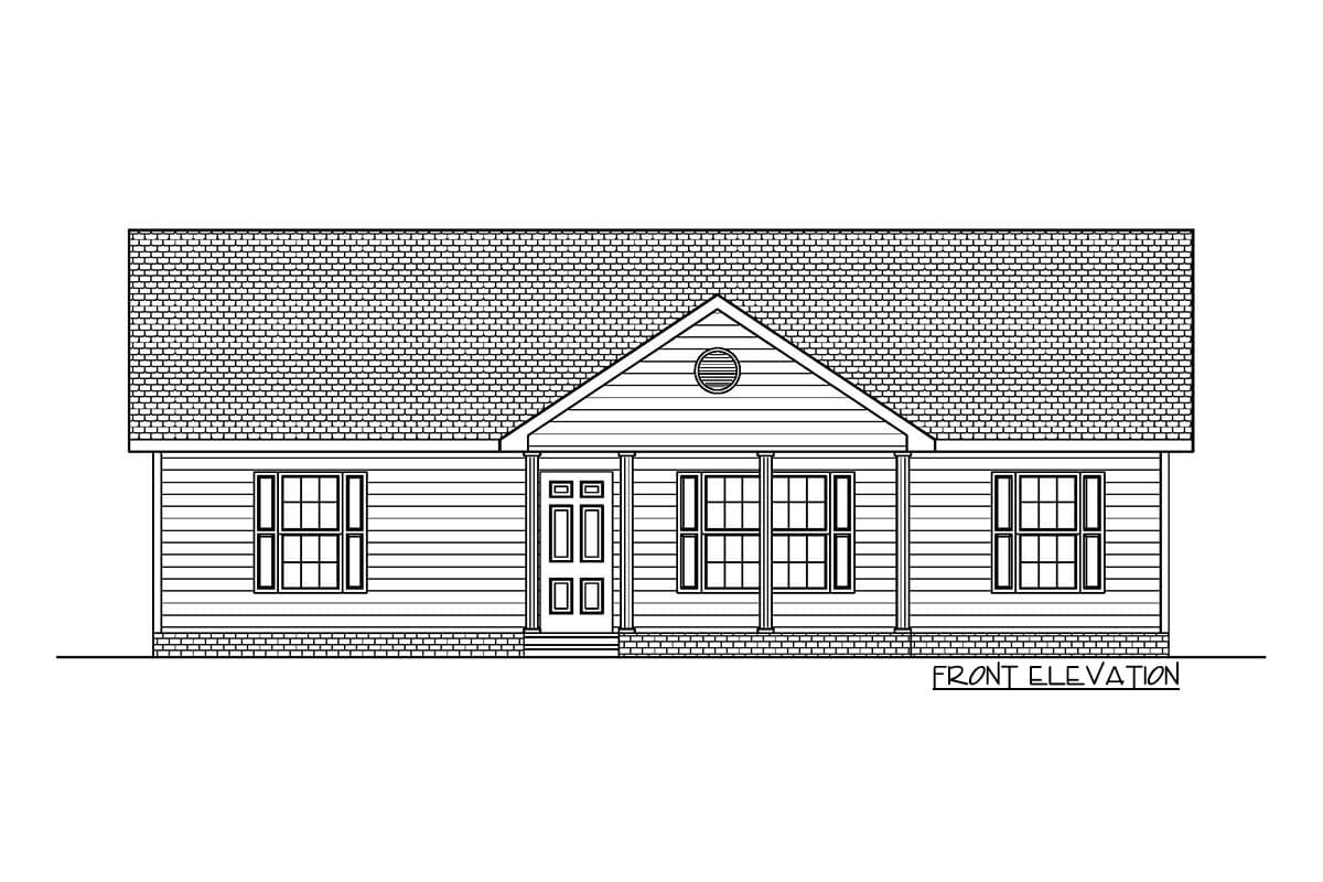 Front elevation drawing of a single-story house with a gabled roof, central entry porch, and multiple windows.
