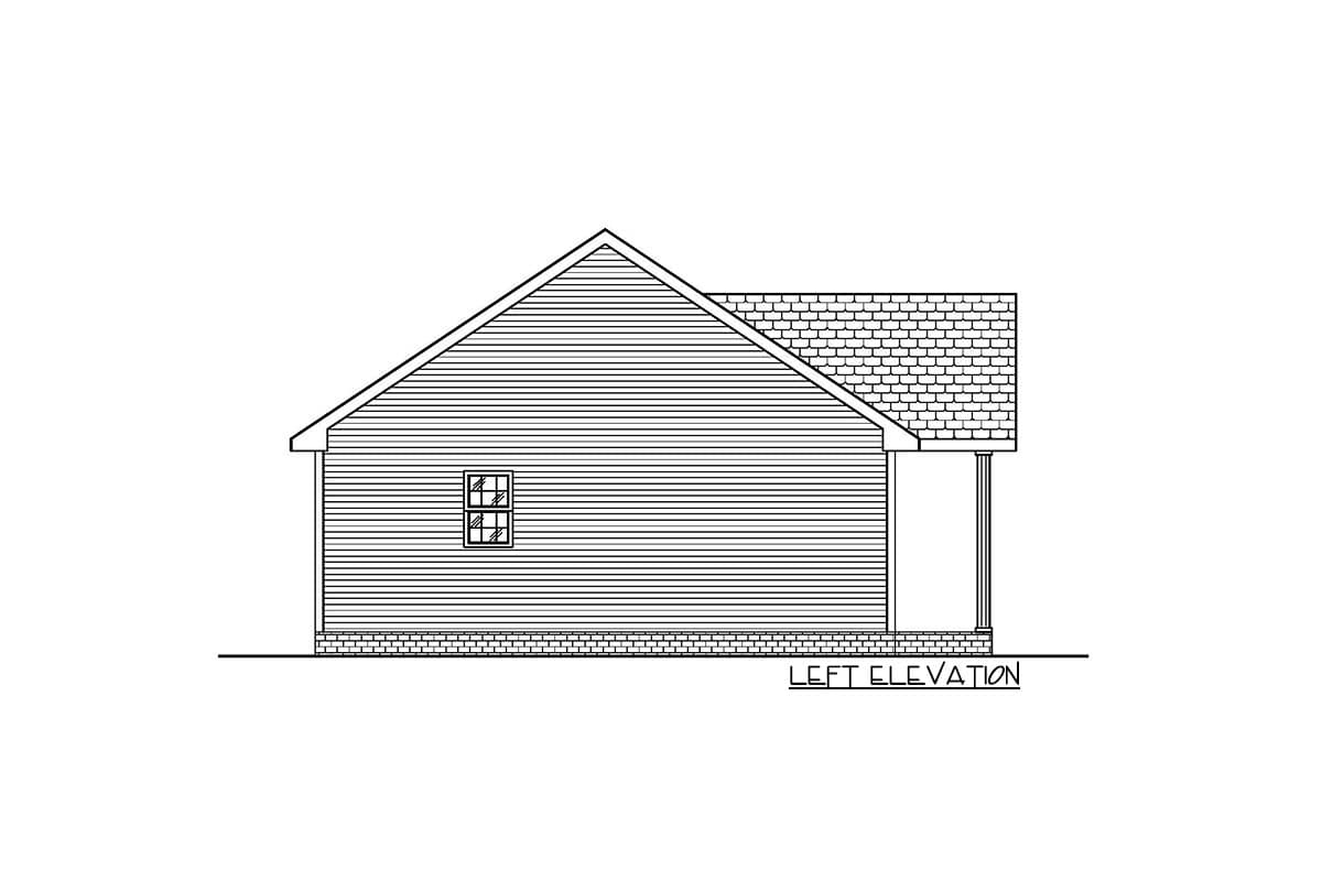 Left elevation drawing of a single-story house plan featuring vinyl siding, a gable roof, and a covered front porch with two columns.