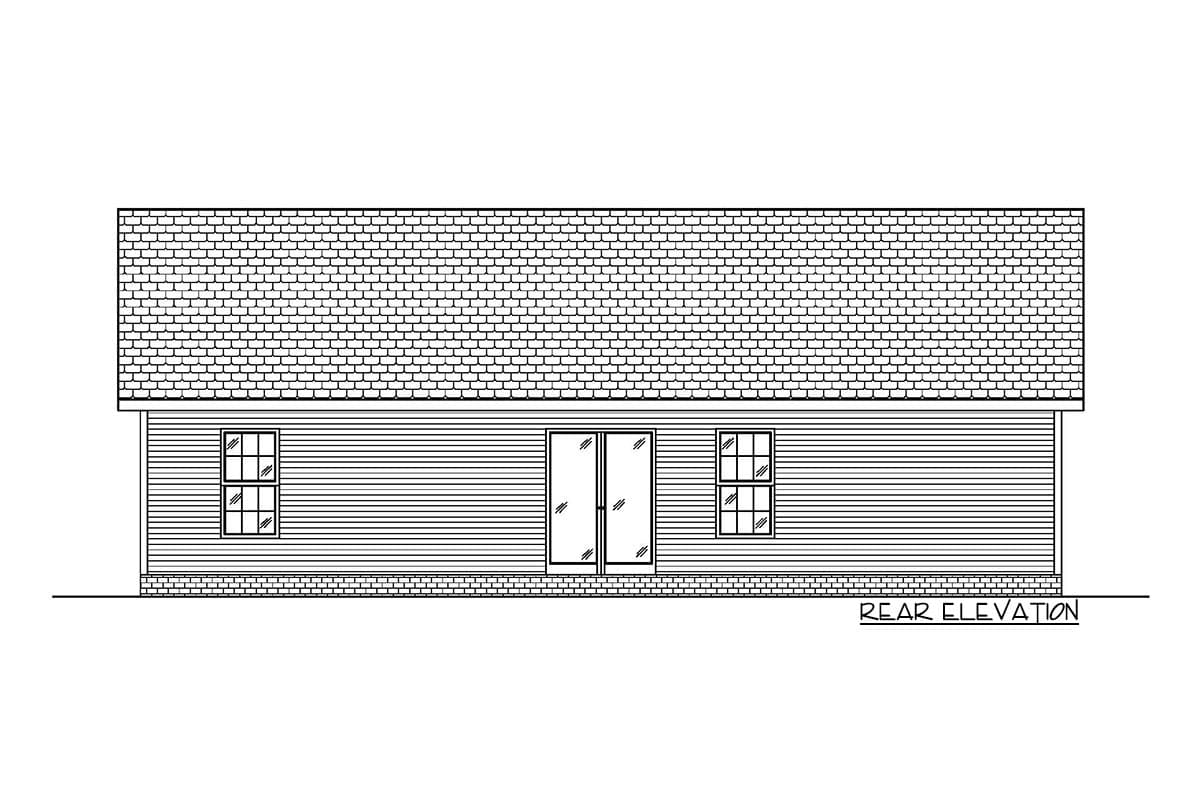 Rear elevation drawing of a house plan with double doors, two windows, and a shingled roof.