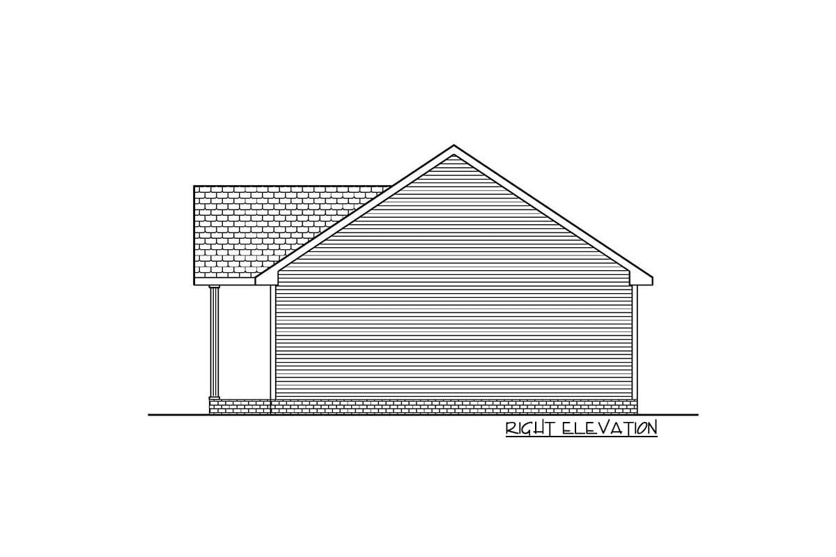 Right elevation drawing of a house plan showing a gable roof, siding, a single column porch, and brick foundation.