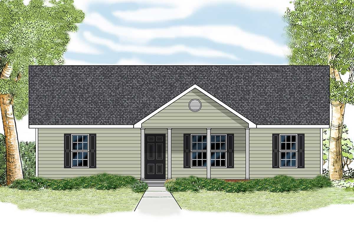 House plan exterior: single-story ranch with a central gable, covered front porch with columns, and double-hung windows.