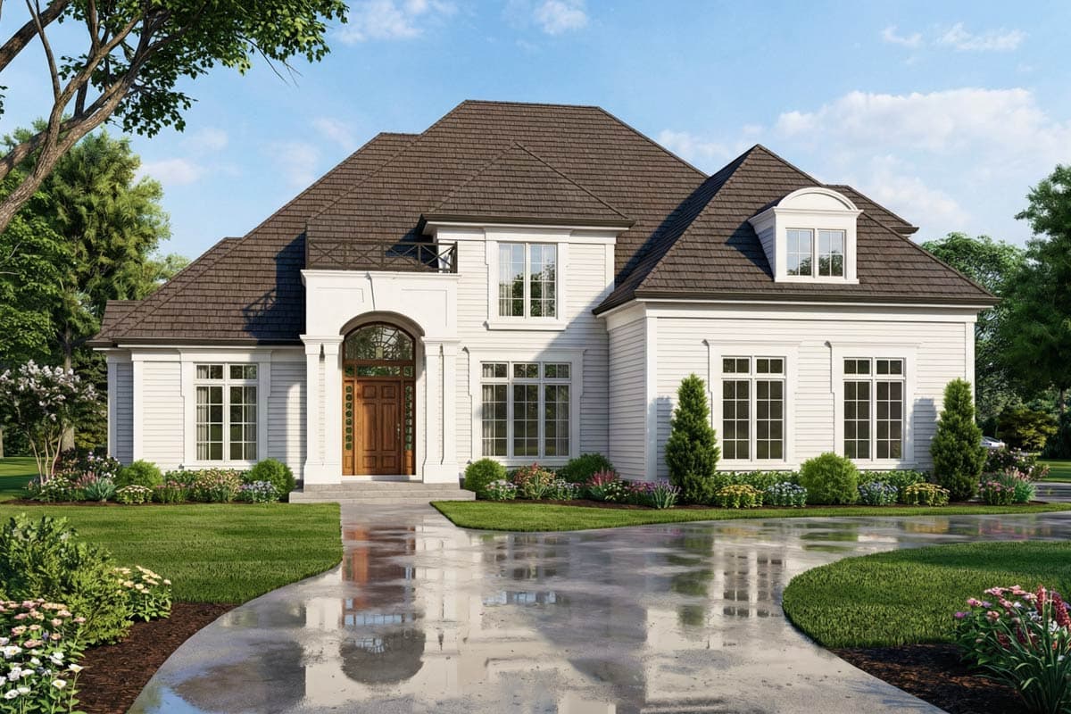 House plan exterior shows a two-story home with a prominent arched entryway, mansard roof, and decorative balcony.