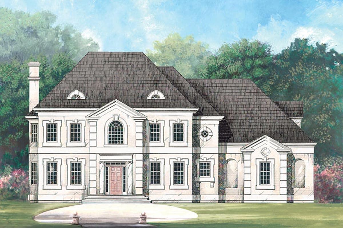 House plan exterior rendering of a two-story traditional home with symmetrical facade, arched windows, central portico, and steeply pitched roof.