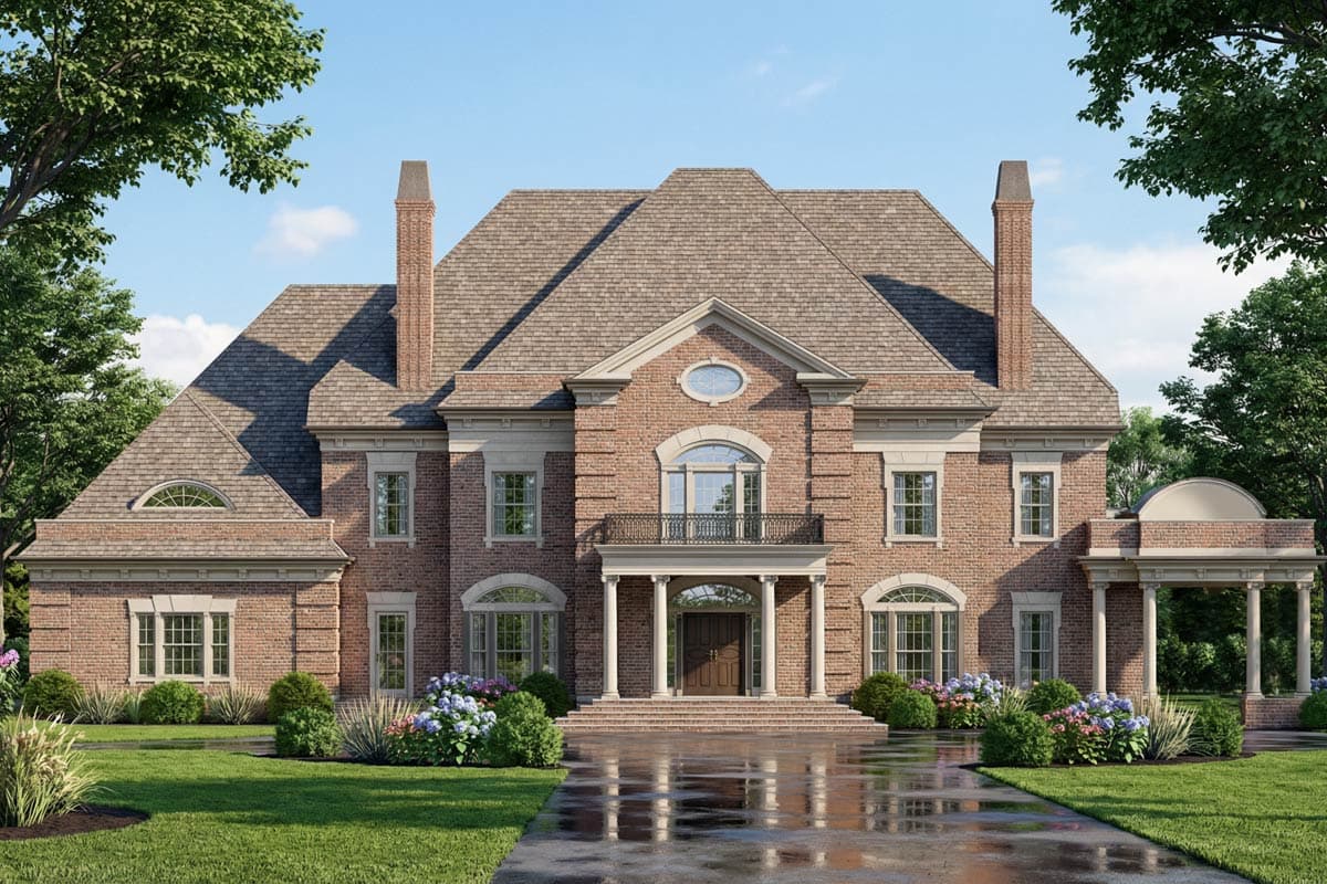 House plan exterior of a two-story brick residence with a prominent central entrance, balcony, gabled roof, and symmetrical window placement.