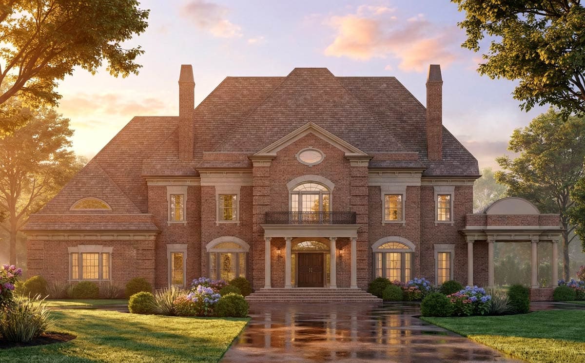 House plan exterior: Classical style, red brick, two stories, portico with columns, balcony, and gabled roof.