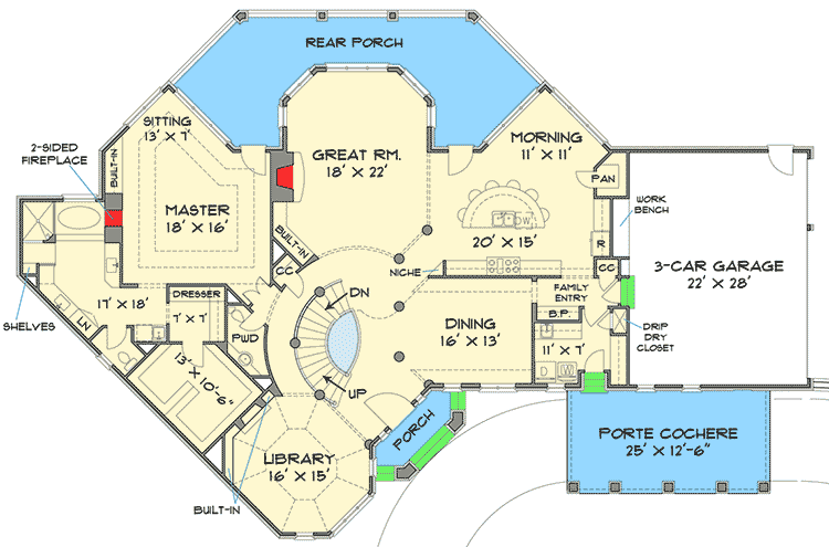 Plan 12073JL: Luxury Home Plan with Elegant Interior - 3912 Sq Ft - Floor Plan - Main Level - European, Traditional