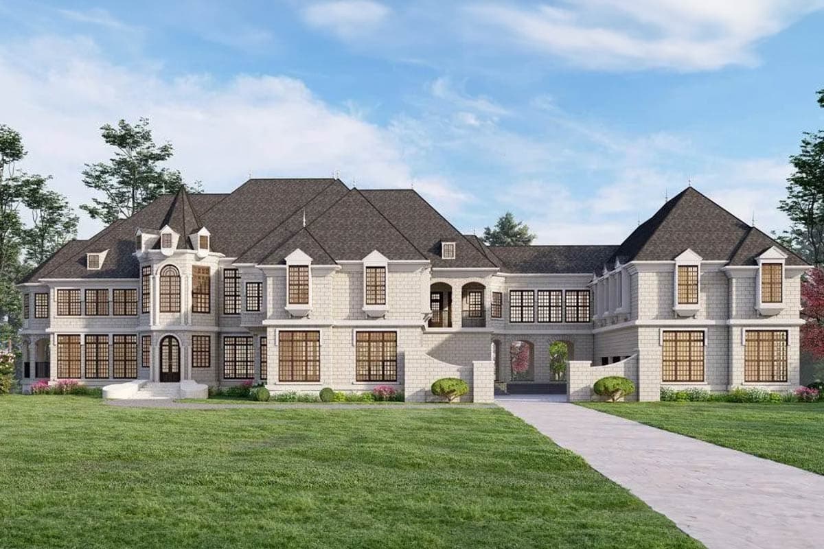 House plan exterior. Two-story home with a turret, dormers, and a multi-gabled roof. A long driveway leads to the front entrance.
