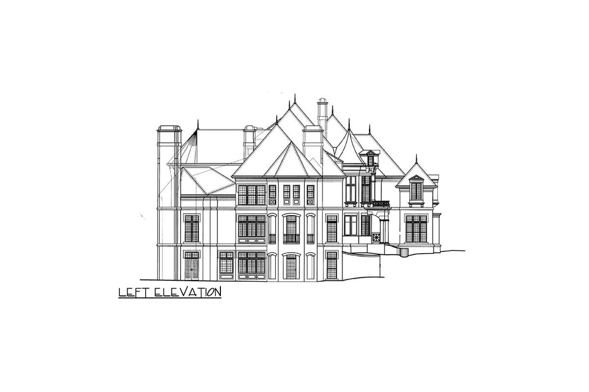 Left elevation house plan showing a multi-story building with multiple gables, dormers, and chimneys.